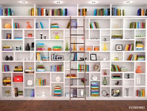 Bild på 3d illustration of White shelves in the interior with various ob
